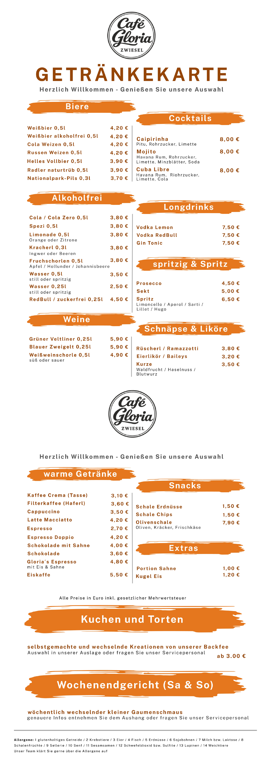Caf� Gloria in Zwiesel - Getr�nke- und Speisekarte