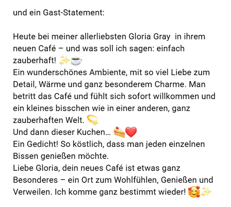 Caf� Gloria in Zwiesel - Termine: "Soft Opening", Fr.,18., Sa.,19., So., 20. September 2026 - Statement