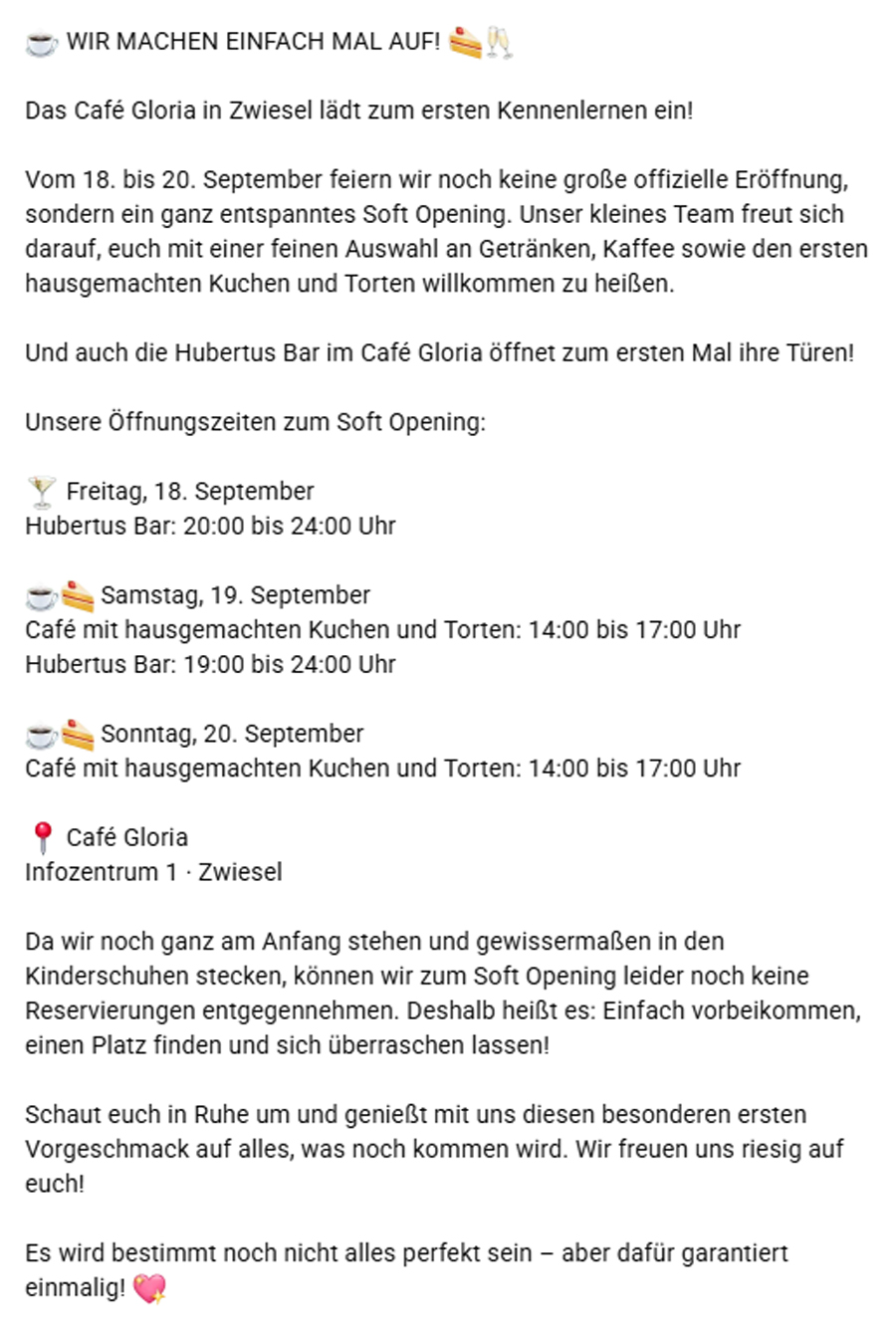 Caf� Gloria in Zwiesel - Termine: "Soft Opening", Fr.,18., Sa.,19., So., 20. September 2026